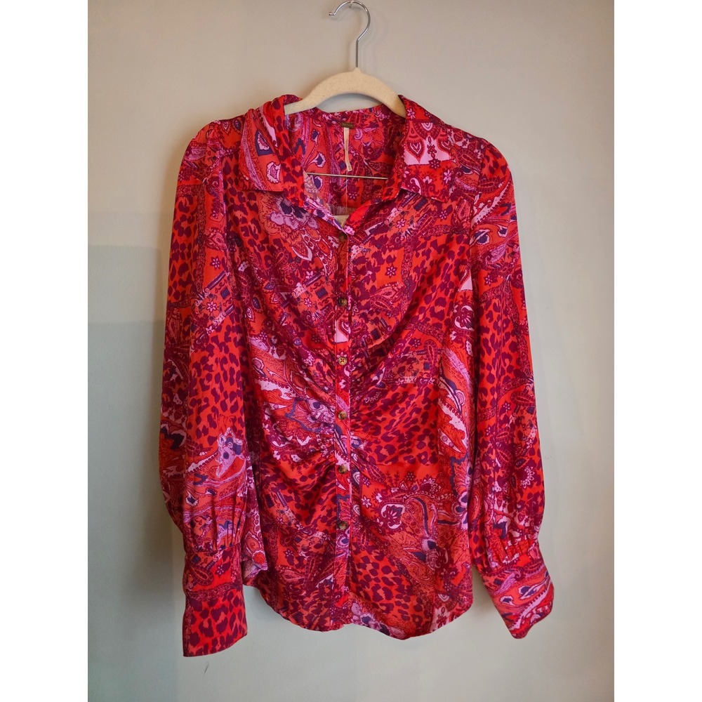 Free People Bianca Orange Pink Paisley Leopard Ruched Button Down Blouse Medium